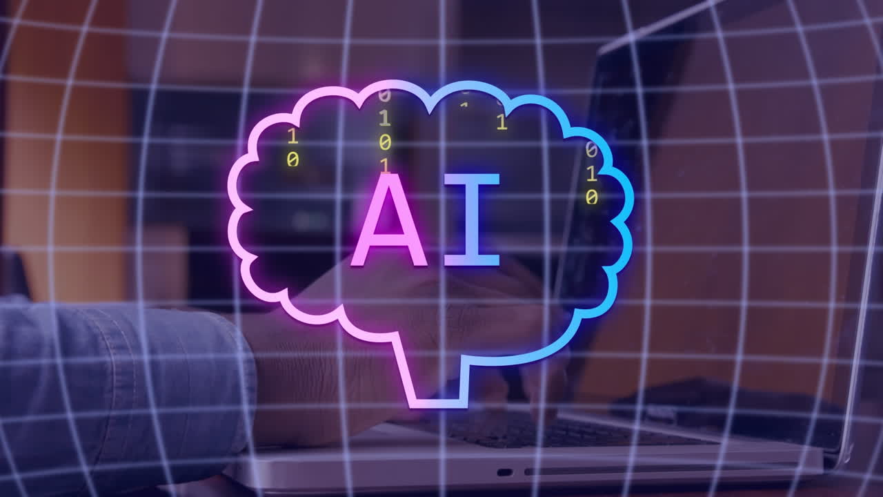 노트북을 사용하는 아프리카계 미국인 남성에 대한 ai 텍스트, 아이콘 및 데이터의 애니메이션