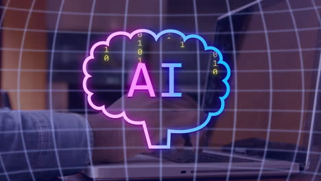 animación de texto, icono y datos sobre un hombre afroamericano usando una computadora portátil