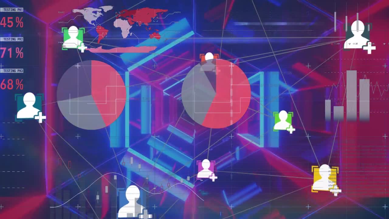 animación de estadísticas, red de conexiones con personas iconos y mapa del mundo con patrón de neón