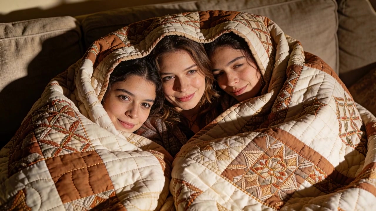 Tre donne che si avvicinano e sorridono su un divano beige, illuminate da luce calda con una trapunta.