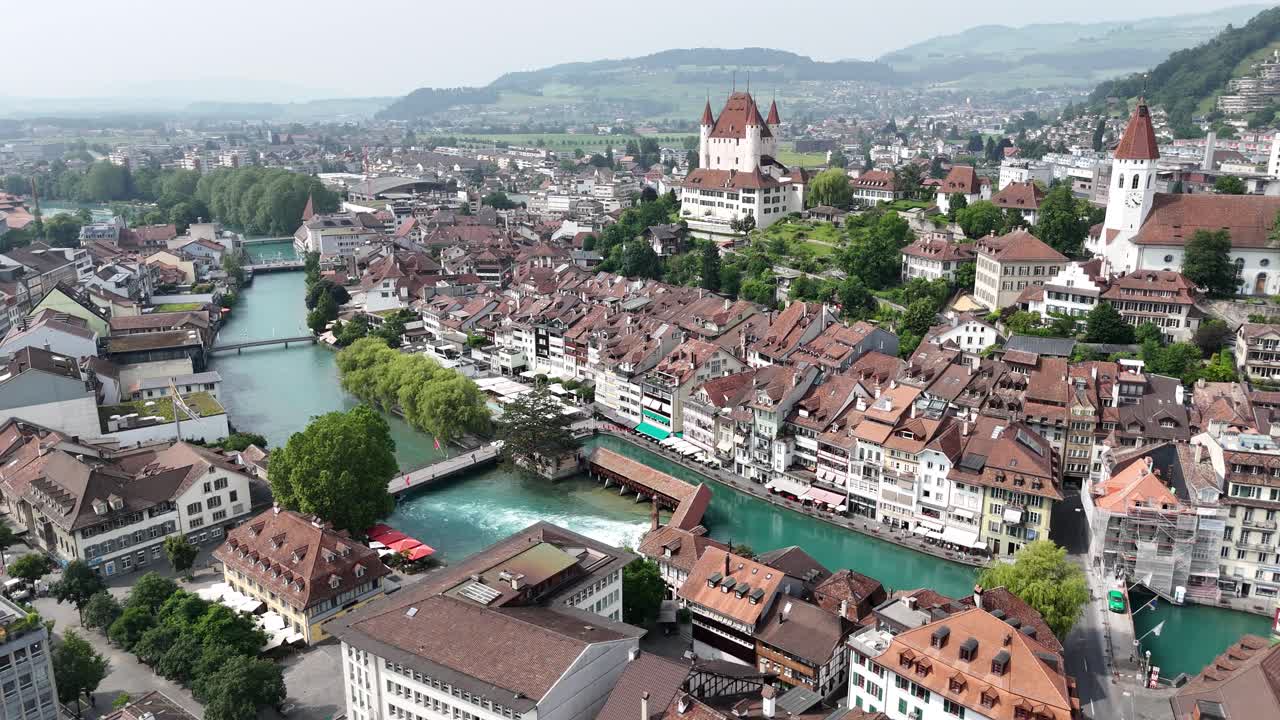 Thun town centre Switzerland Panning drone aerial 4K footage