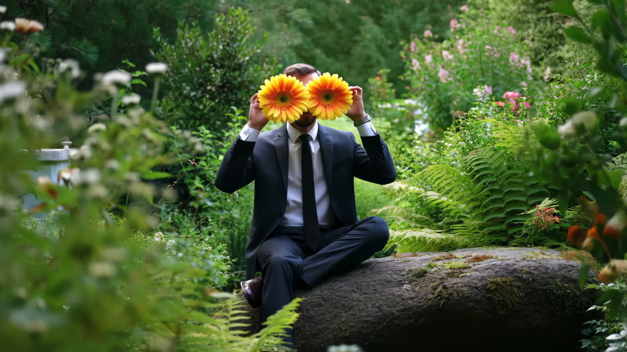 Man in a suit sitting in a garden with yellow flowers over his eyes