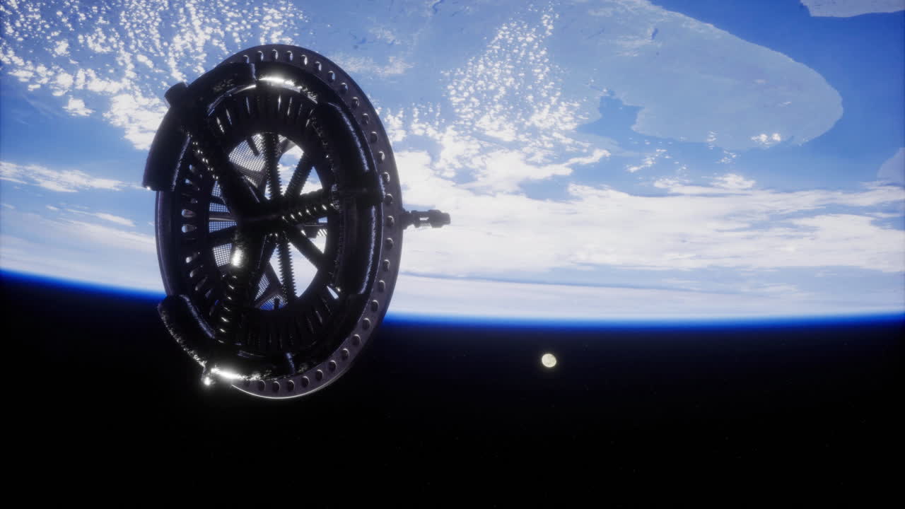 Futuristic space station orbiting earth with cosmic backdrop