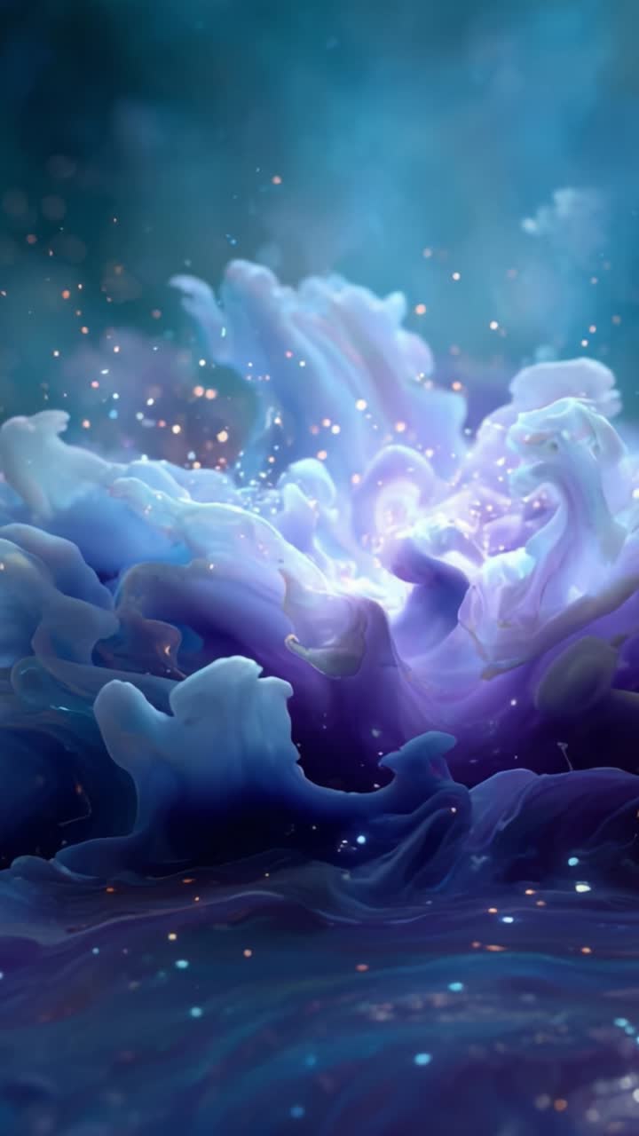 Et fascinerende spill av farger og lys i et eterisk hav av virvlende, tåkelignende teksturer og glitrende kosmiske elementer