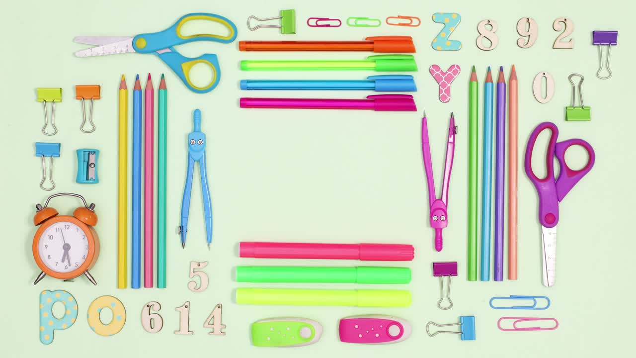 Back to school frame made of  school stationery with place for text. Stop motion