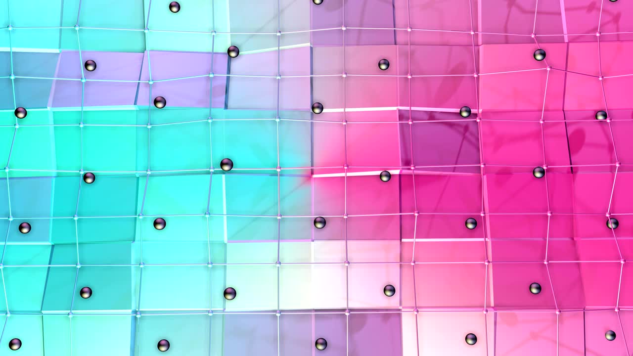 baja superficie polimétrica 3d con cuadrícula o malla voladora y esferas negras como fondo elegante. suave fondo geométrico bajo polimétrico de polígonos rojos azules puros. fondo de bucle sin costuras 4k fullhd