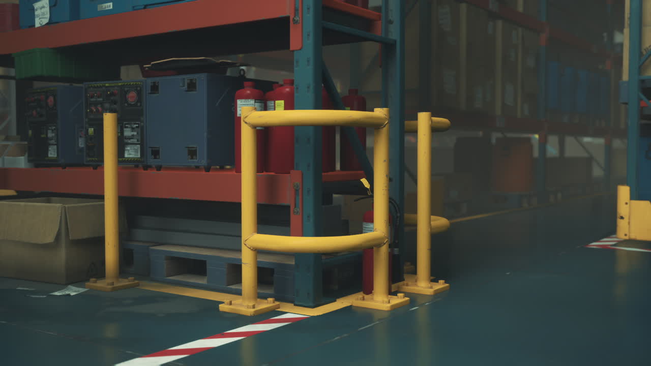 un almacén con estantes, paletas y un extintor.