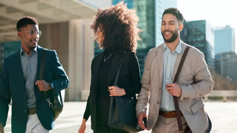 business people, group and talk in street