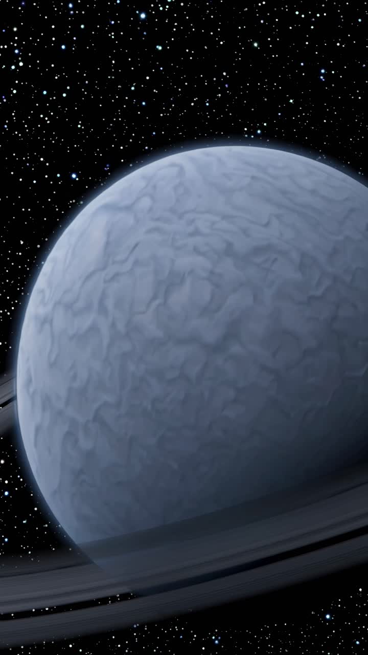 A video still of a distant icy planet with rings, captured from a low-angle perspective, set