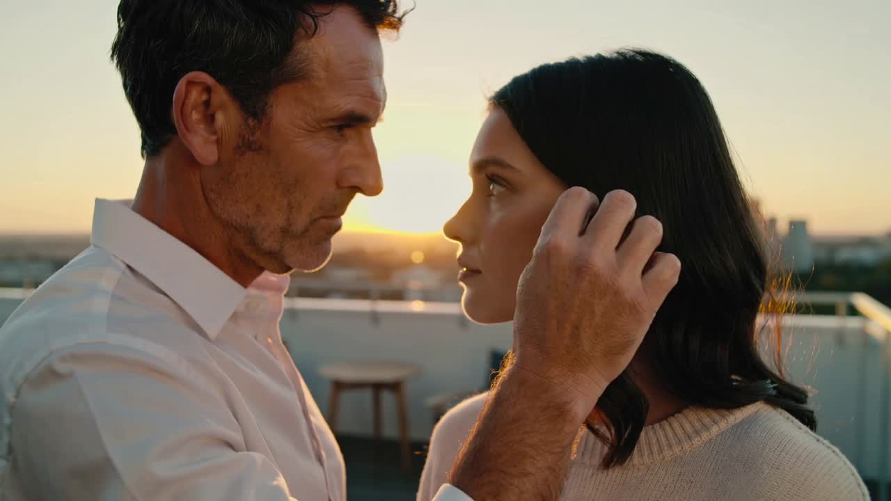 Raising hand, man in shirt touching sweater-clad woman's hair on rooftop terrace, sunset skyline