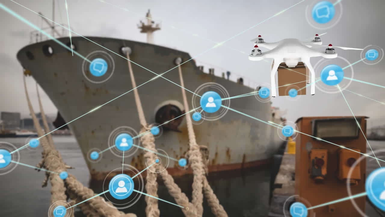 패키지와 함께 배달 드론을 통해 아이콘과 연결 네트워크의 애니메이션