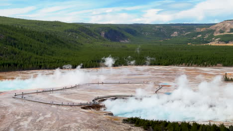 grand prismatic spring tourist walkway landscape west yellowstone national park old faithful grand loop geysers scenic wyoming idaho mist steam thermal colorful yellow midday cinematic slowly pan left