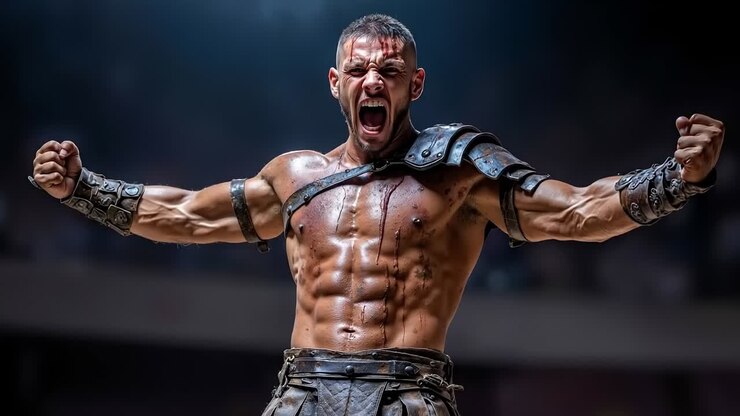 A shirtless man in a gladiator costume with his arms outstretched in the air