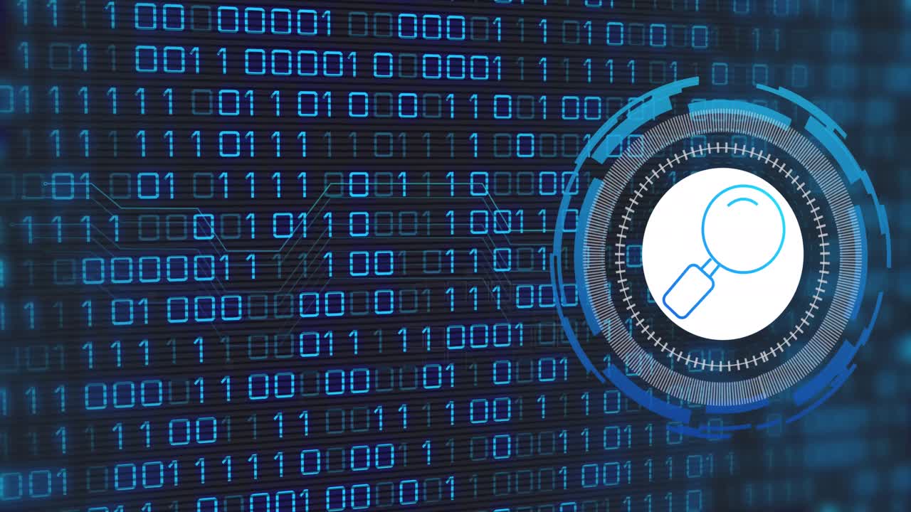 animación del procesamiento de datos con icono de vidrio de lectura sobre fondo azul