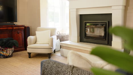 cozy living room with armchair and fireplace, inviting and comfortable ambiance, copy space
