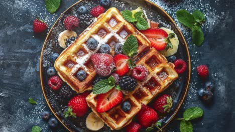 Deliciosos-Waffles-Belgas-Con-Bayas-Frescas-Y-Guarnición-De-Menta