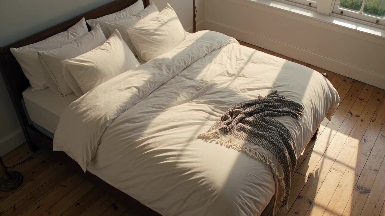 Una chiazza di luce solare si sposta scivolando su letto, cuscini, coperta e pavimento vicino alla finestra, indicando l'ora.