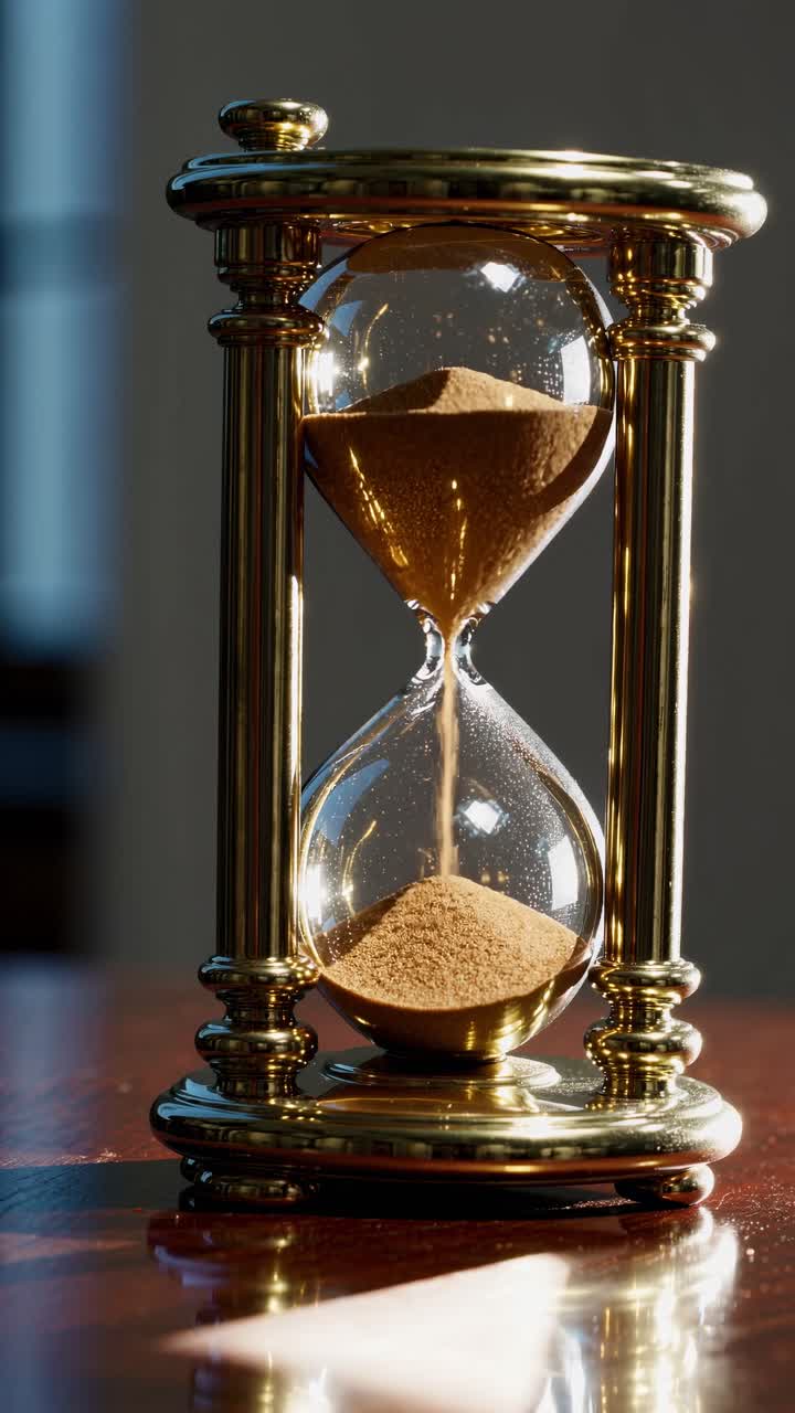 Close-up video of a classic hourglass on a wooden table, capturing sand flowing, with a warm