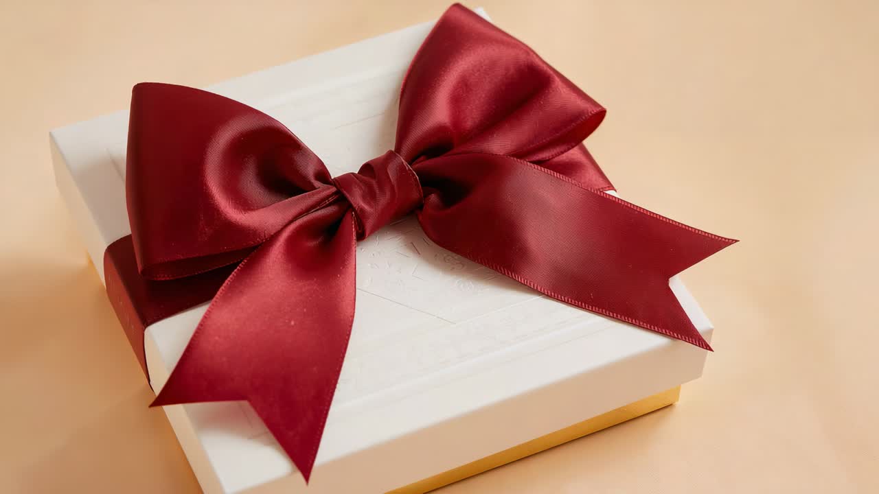 Mano sinistra che entra, che modifica una confezione regalo quadrata bianca su un tavolo beige, sistemando un fiocco di raso bordeaux