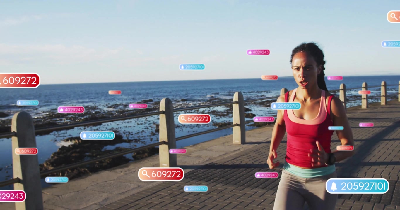 Young Woman Jogging Along Coastal Path with Social Media Notifications