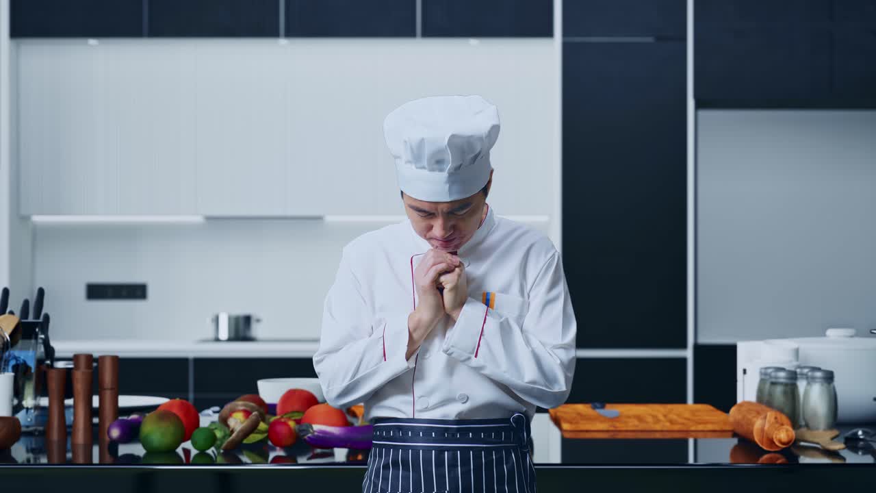 chef asiático orando por algo mientras está de pie en la cocina de casa