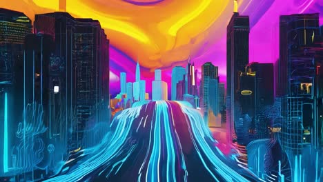 colorful abstract landscapes flow through a digital cityscape adorned with vibrant neon lights, creating a surreal atmosphere