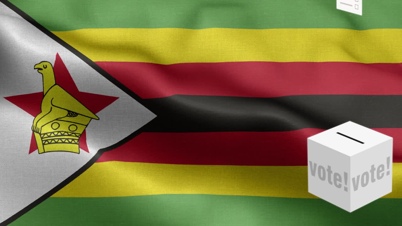 las papeletas de votación vuelan a la caja para la selección de zimbabwe - caja de votación frente a la bandera