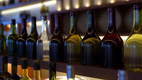 a collection of various colored wine and liquor bottles displayed on wooden shelves in a dimly lit bar or cellar setting