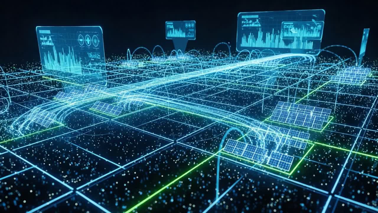 Futuristic Digital Grid Visualizing Data Flow, Solar Energy Panels, and Analytics in a Technology-Driven Environment for Sustainable Development