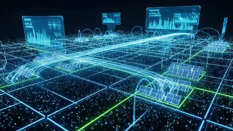 futuristic digital grid visualizing data flow, solar energy panels, and analytics in a technology-driven environment for sustainable development