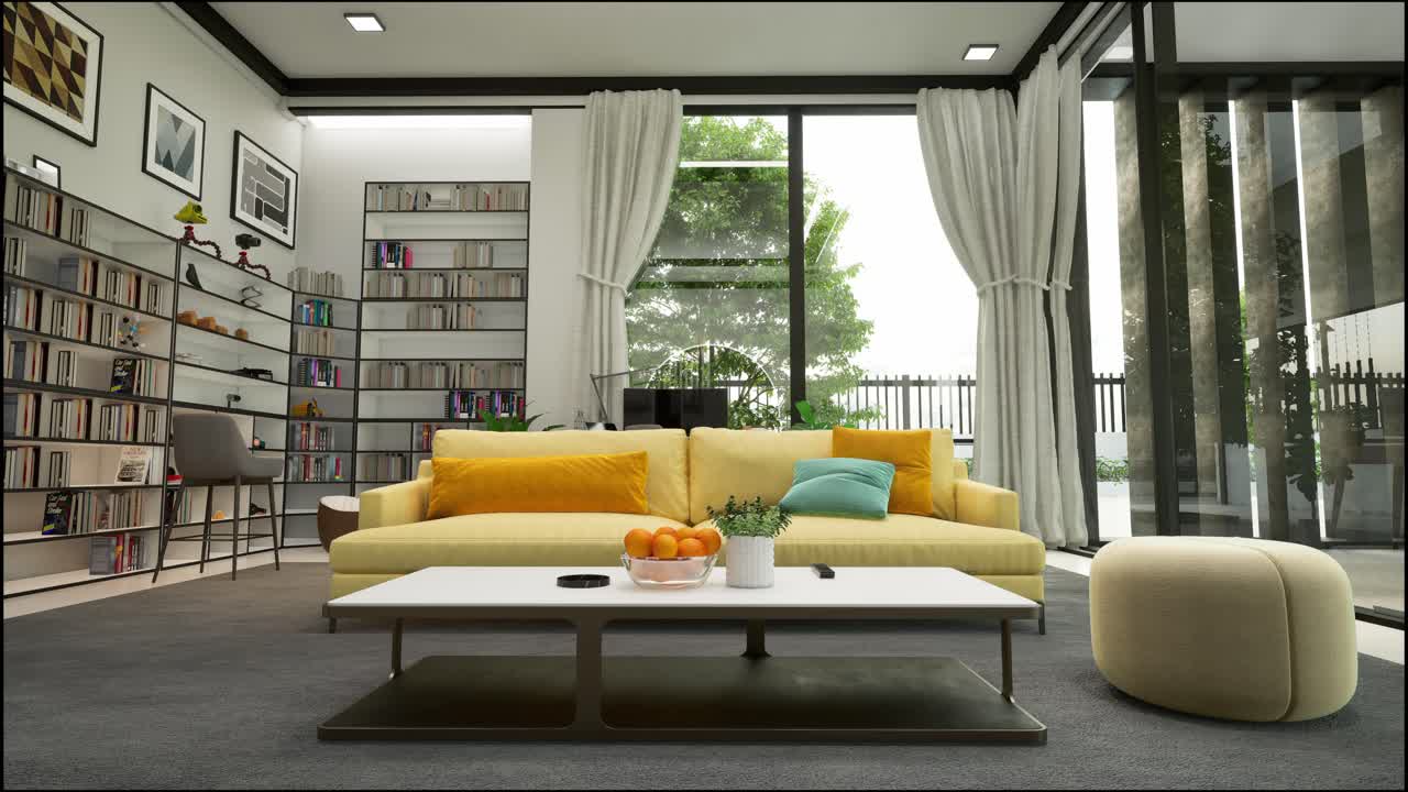 책장 과 노란색 소파 가 있는 현대적 인 거실
