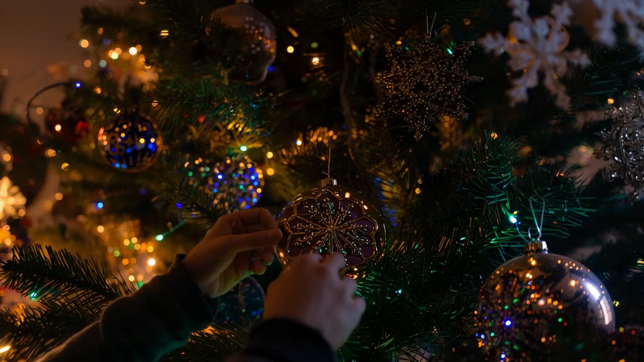 Hands entering wearing sweater placing gold purple snowflake ornament on Christmas tree, for decor