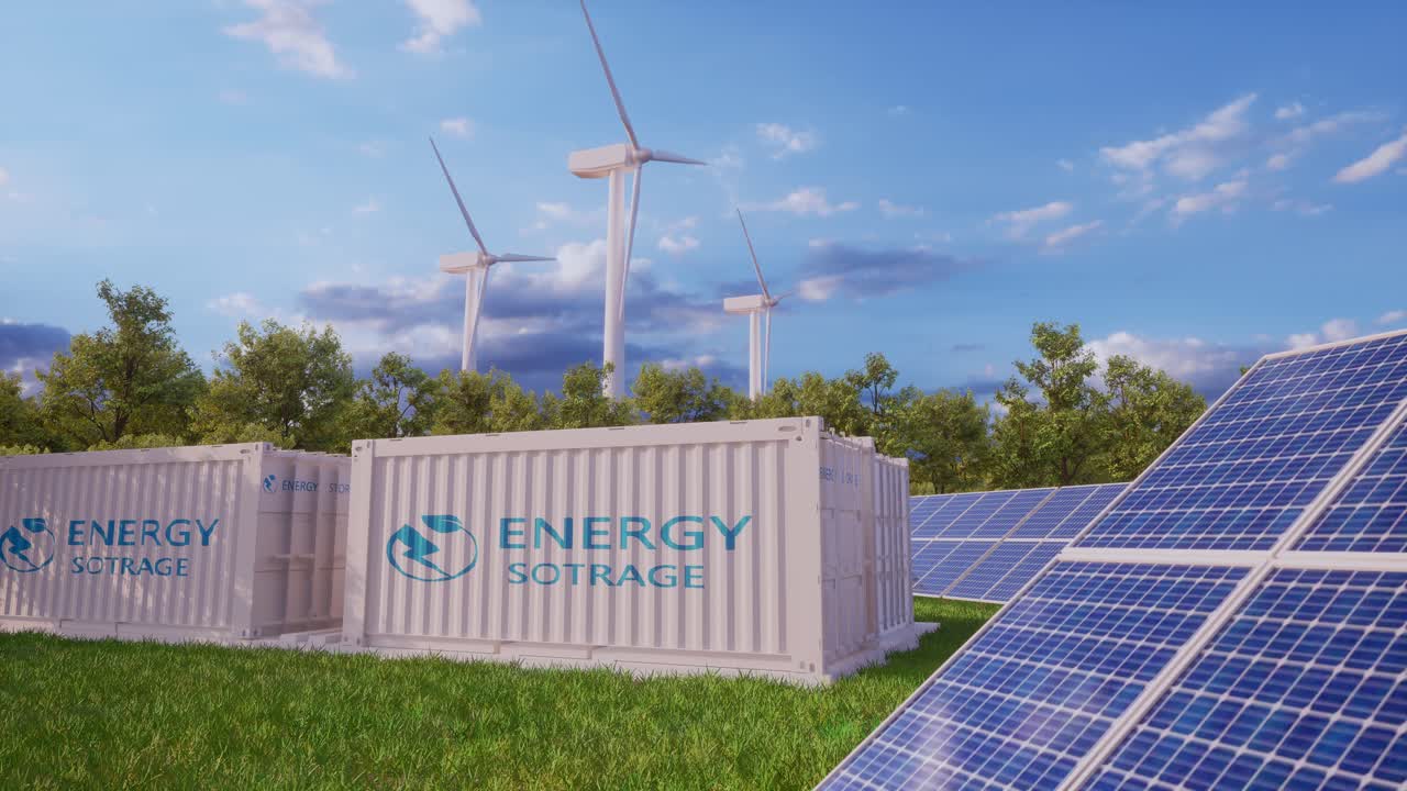 Battery Storage Power Station Accompanied By Solar And Wind Turbine Power Plants. New Energy Concept