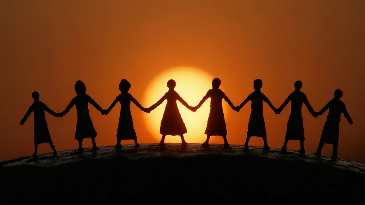 A Group of Figurative Silhouettes Holding Hands Against a Stunning Sunset, Symbolizing Unity, Togetherness, and Connection in the Dusk Light