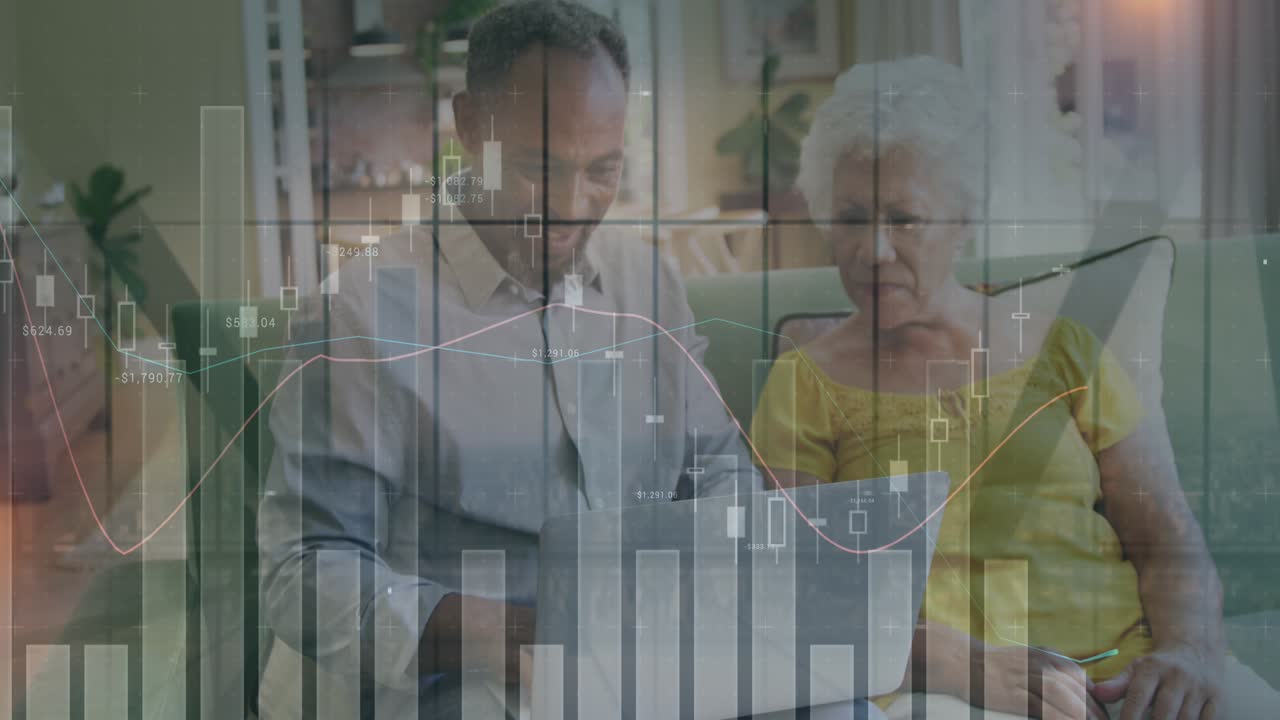 Animation af finansiel databehandling over forretningsfolk på kontor