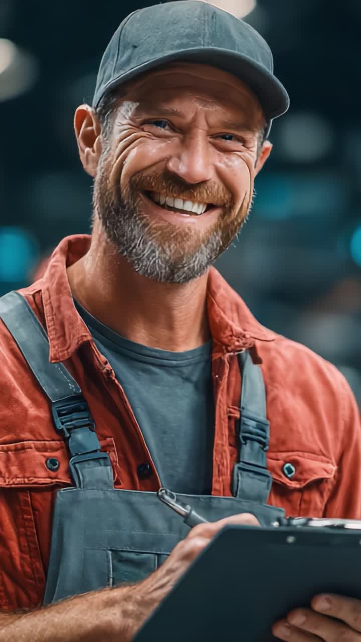 A Smiling Worker in a Red Shirt and Cap, Holding a Clipboard in a Bright Environment, Radiating Positivity and Professionalism
