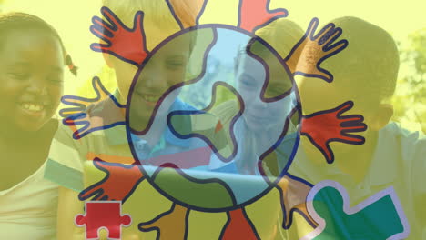 animation of globe with hands logo colorful puzzle pieces over happy playing children