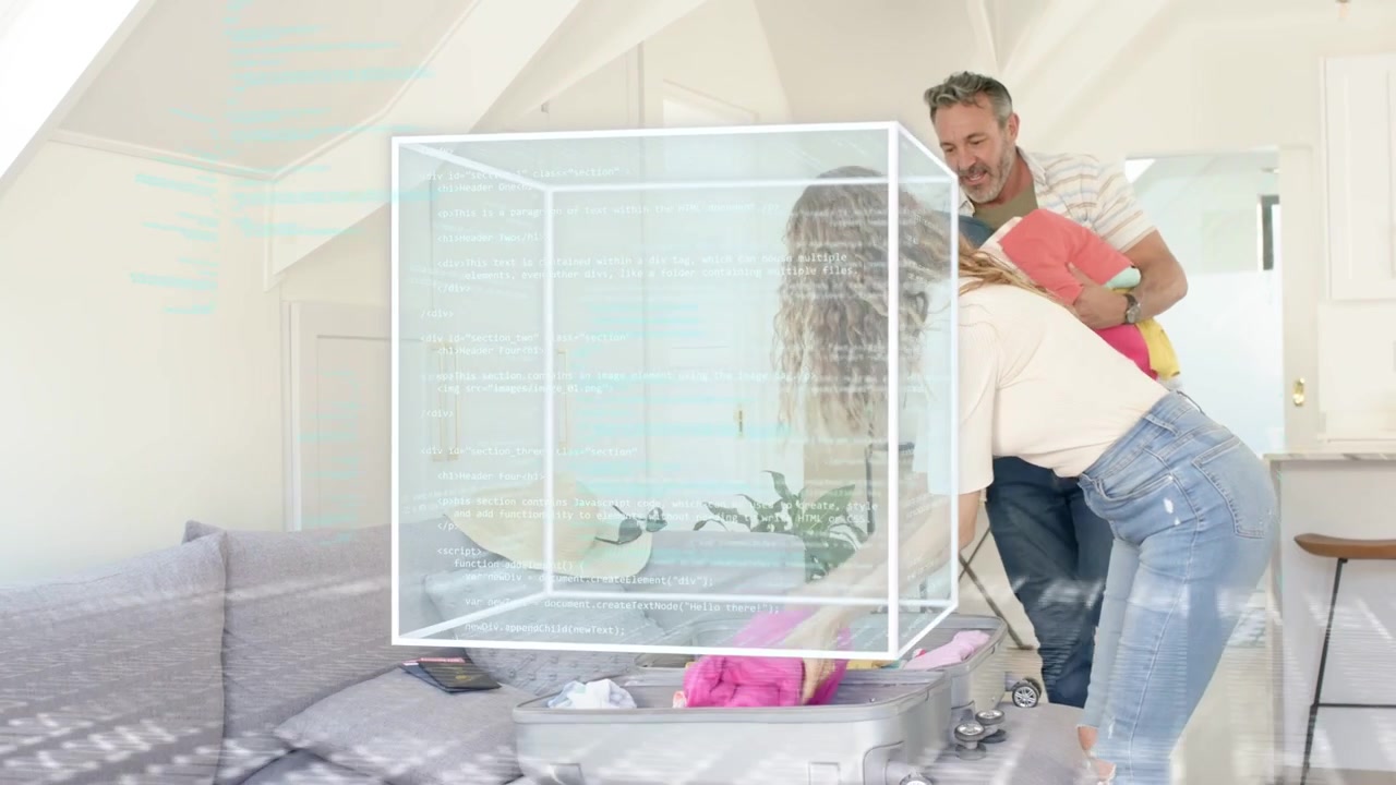 Kvinde begynder at pakke kuffert på grå sofa, 3D-kube dannes omkring hænder, mand kommer og hjælper med rejsen