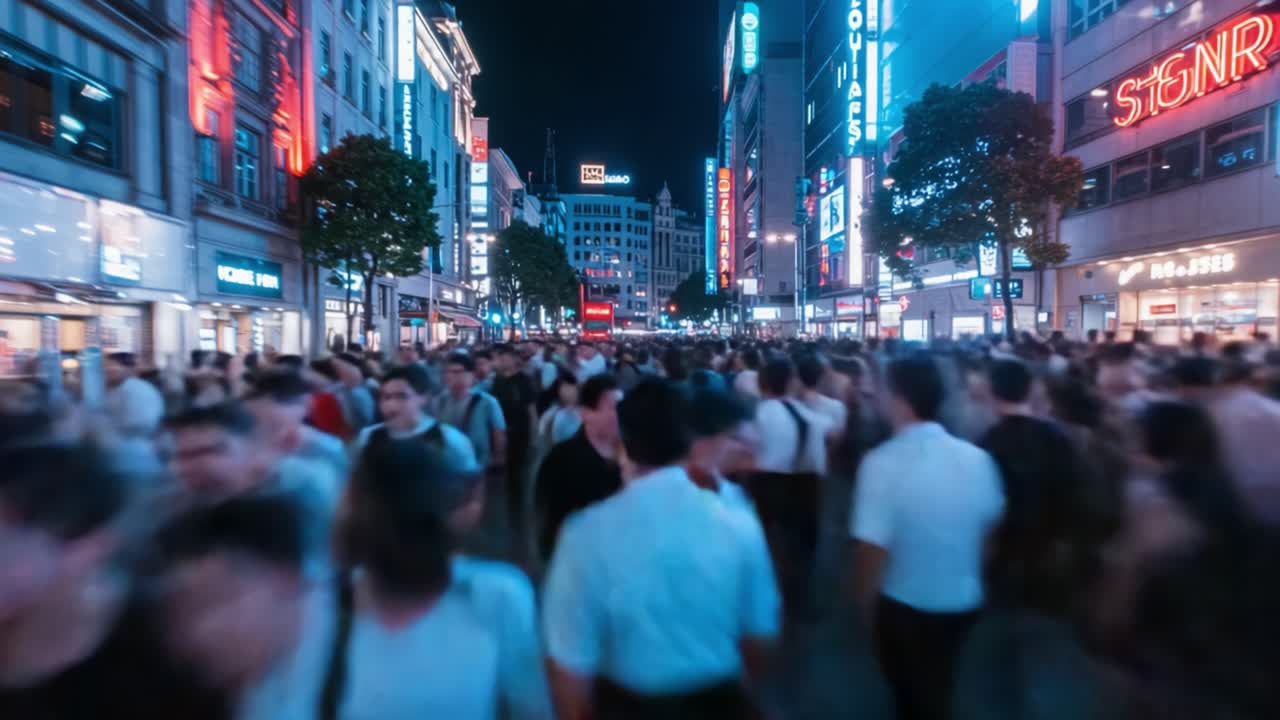 A Bustling Night Scene Captured in Two Frames, Highlighting the Vibrancy of Urban Life Amidst a Large Crowd Enthralled by the City Lights and Atmosphere