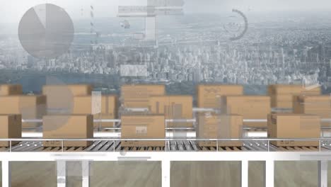 animation of statistics processing over cardboard boxes on conveyor belts and cityscape