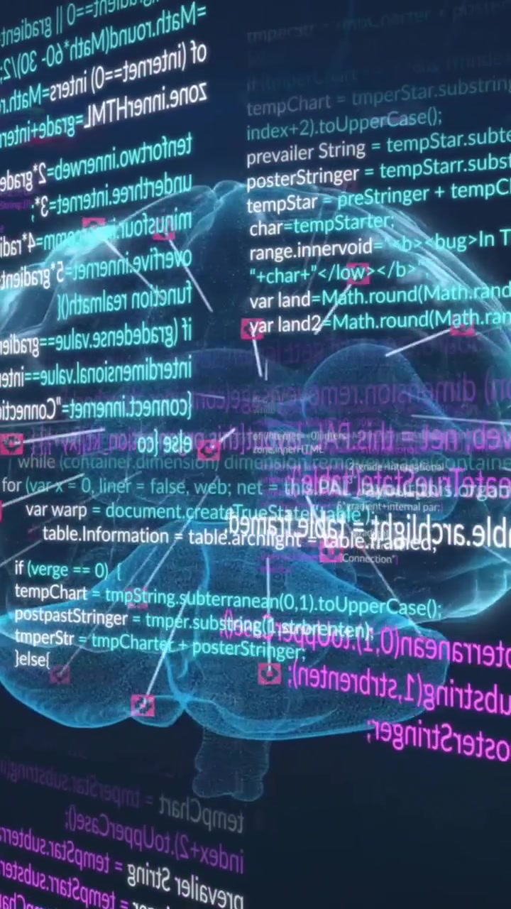 Animation of human brain and data processing over dark background