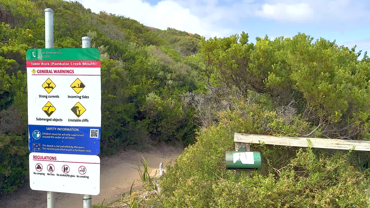 A series of frames showing a warning sign amidst lush greenery on a sunny day along Great Ocean Road, Australia