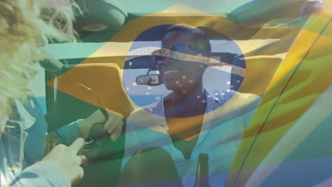 Animation-of-flag-of-brazil-over-diverse-friends-talking-and-enjoying-drinks-while-sitting-in-car