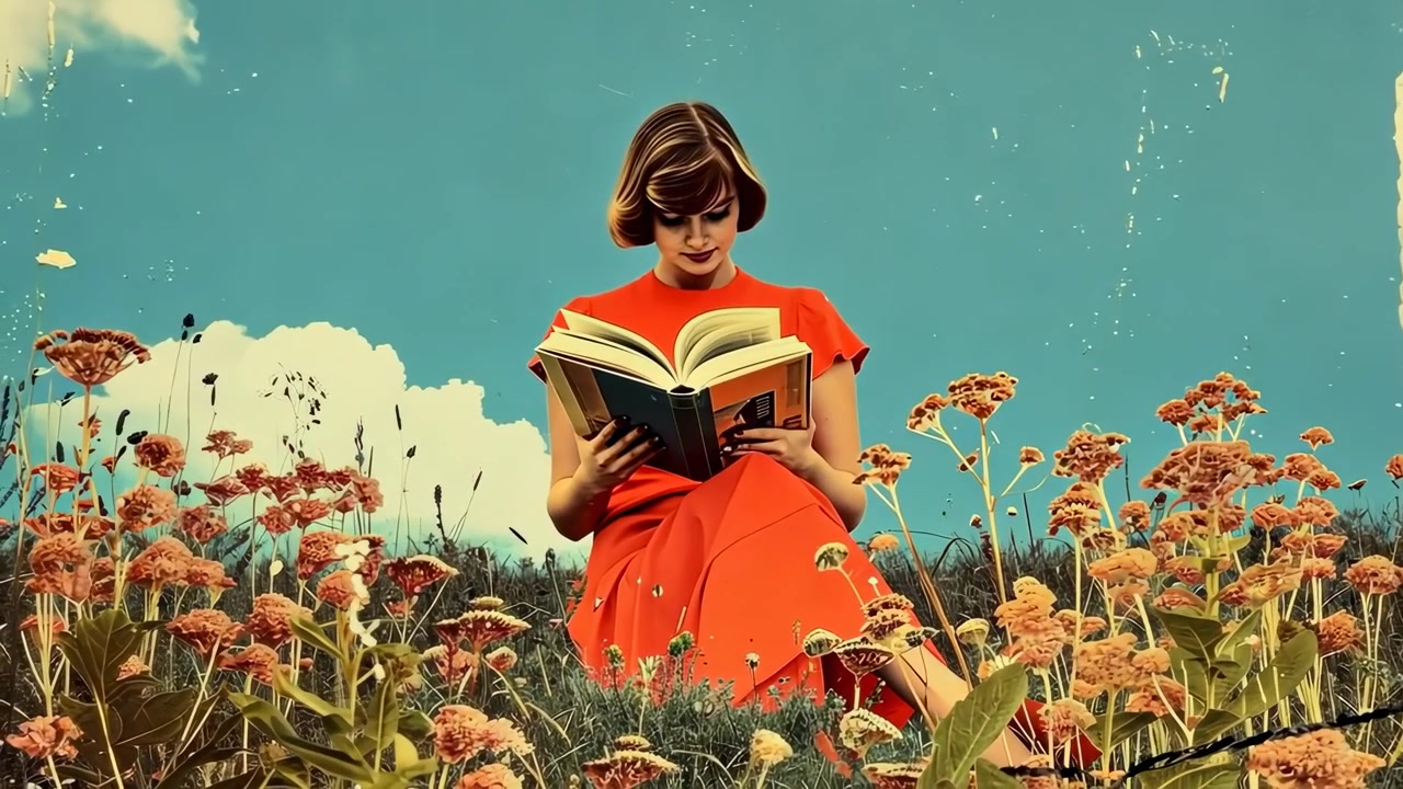 Jonge Vrouw die een Boek Leest in een Bloemenweide