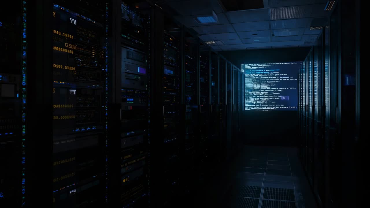 Starting camera recording data center capturing rack-mounted servers and monitor scrolling code