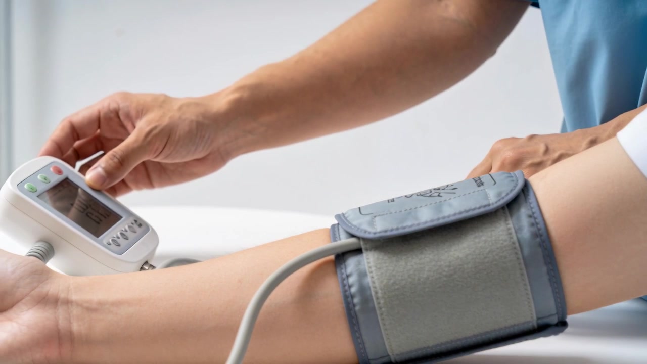 Infermiera in divisa blu che fissa un bracciale grigio sul braccio in clinica, premendo il monitor che misura la pressione arteriosa.