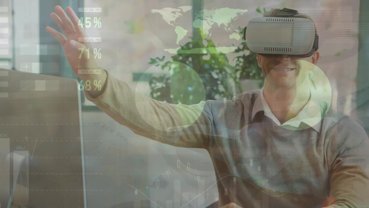 Animation of financial data processing over businesswoman using smartphone