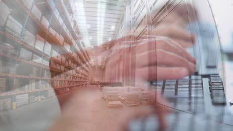 Animation-of-people-typing-on-computer-keyboard-with-warehouse-in-background