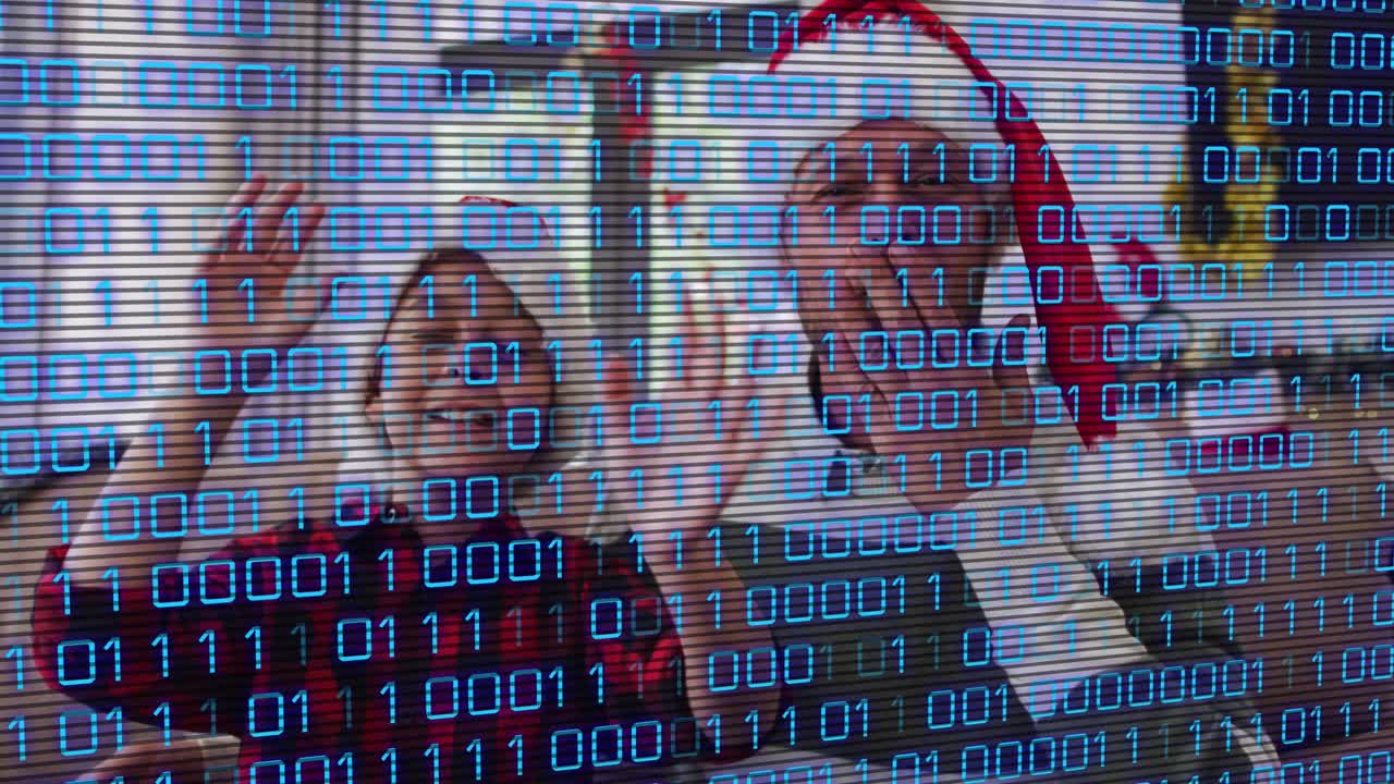 Animation of data processing over caucasian father and son at christmas