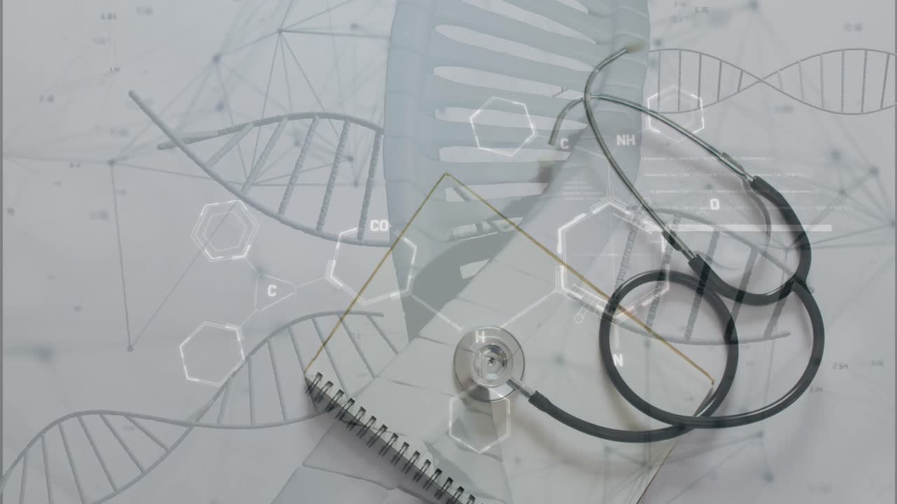 노트북과 스테토스코프 위에서 화학 구조와 dna  ⁇ 의 애니메이션